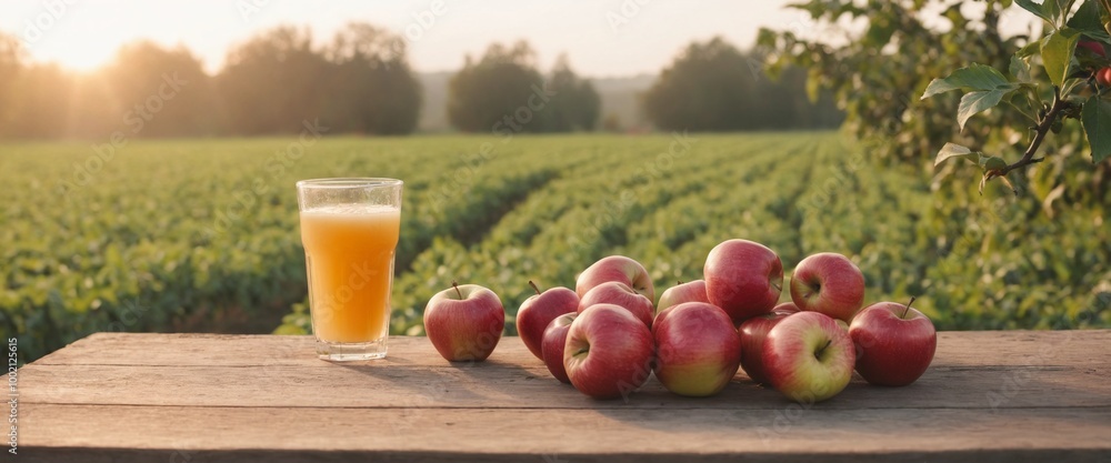 Wall mural Fresh apples and apple juice on table, orchard background. Harvest