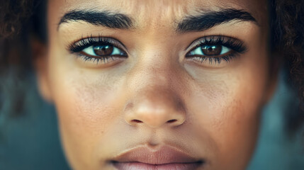 Obraz premium A close-up of a person's face showing deep concentration, with furrowed brows and slightly pursed lips, capturing intense focus.