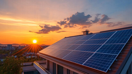 Eco-Friendly Passive House with Solar Panels on Rooftop at Sunset - Modern Sustainable Living