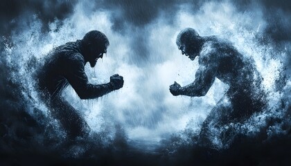 A dramatic confrontation between two rivals in a darkened alley, rain pouring down, and tension palpable in the air