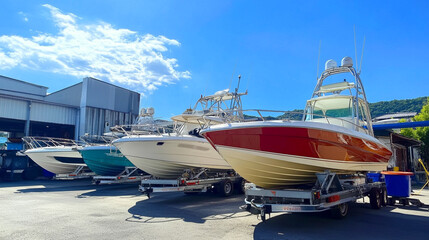 Boats on Trailer for Sale or Rent at Boat Sports Store - Sunny Day with Blue Sky