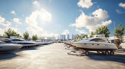 Boats on Trailer for Sale or Rent at Boat Sports Store - Sunny Day with Blue Sky