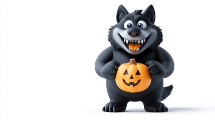3D cartoon werewolf standing on a white background, howling at an invisible full moon while holding a tiny pumpkin