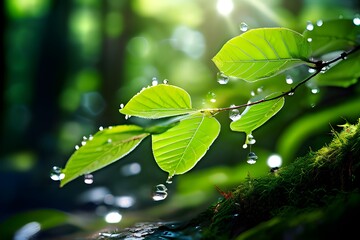 green leaves in the rain