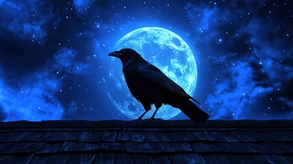 Silhouette of a raven against a full blue moon and starry night sky, creating a captivating and mysterious atmosphere.