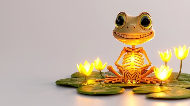 Cheerful frog skeleton sits surrounded by glowing lilies on a serene lily pad.
