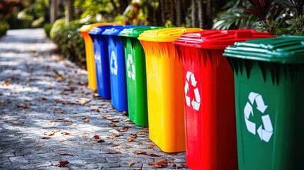 Naklejka premium Four recycling bins standing in front of green wall with recycling sign