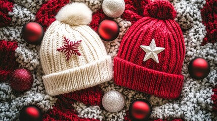 Red and white winter hat surrounded by christmas ornaments and blurred lights