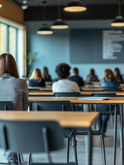 Portrait picture of a classroom filled with adult students watching a presentation for education with a few empty school desks, natural light and blurry background with space for text. Exam at school.