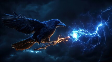 Obraz premium mystical raven wielding lightning, captured against a dark, stormy background.