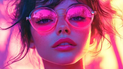 Obraz premium Woman wearing pink sunglasses posing under colorful lights