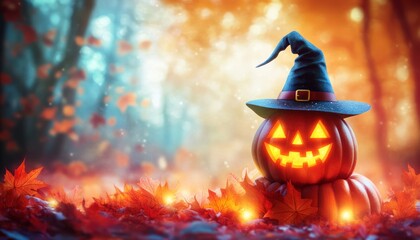Halloween jack-o'-lantern with a witch's hat in a spooky setting.