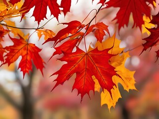 beauty of red and orange maple leaves in autumn. The leaves should be vividly colored, with shades of red, orange, and yellow, highlighting the transition of the season
