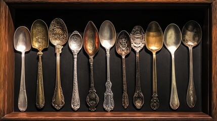 A collection of antique spoons displayed in a shadow box, highlighting their unique designs and history, perfect for showcasing heritage and nostalgia.