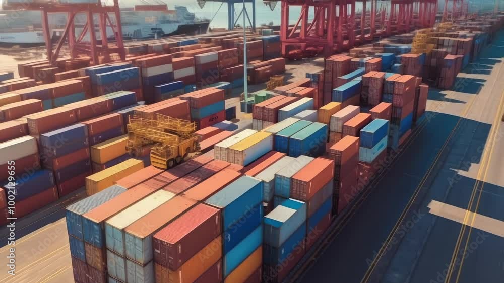 Poster Aerial view of a container terminal with cargo containers, cranes, and ships, showing the scale and complexity of global trade and logistics