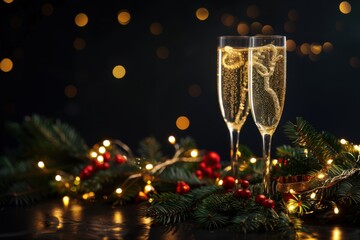 Two champagne glasses with a festive glow, New Year party decorations, dark background, copyspace