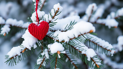 Red Knitted Heart Hanging From Snowy Pine Branch