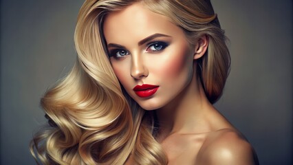 Fototapeta premium Beautiful blond girl with smooth hair and classic makeup showcasing beauty salon and hair care style