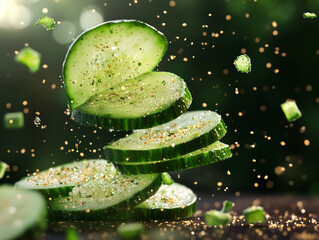 Macro View of Cucumber Slices and Seasoning Falling with Water Drops - Ultra HD Hamburger Advertisement