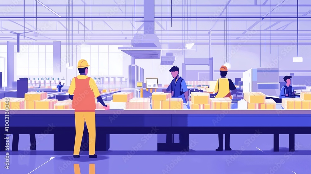 Poster workers efficiently sorting packages at a distribution center during a busy day
