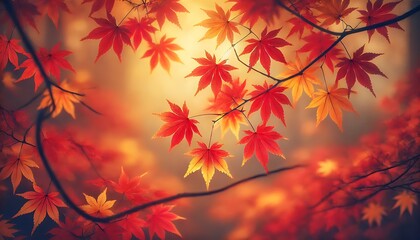 beauty of red and orange maple leaves in autumn. The leaves should be vividly colored, with shades of red, orange, and yellow, highlighting the transition of the season