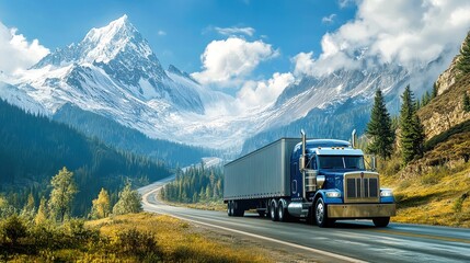Semi truck driving on a snowy mountain road in winter