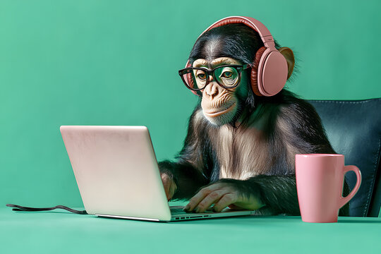 A monkey wearing headphones, and glasses working on a laptop, sitting at a desk with a pink coffee cup against a green background.