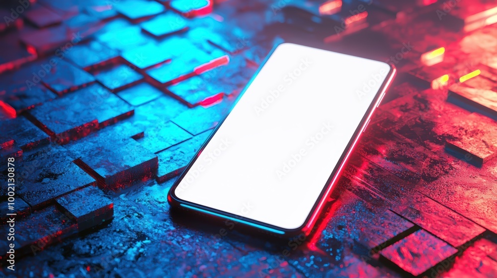 Poster illuminated future - futuristic smartphone mockup with glowing neon lights on abstract background | 