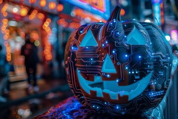 Fototapeta premium Halloween pumpkin foggy neon light background. A futuristic twist on the classic Halloween pumpkin, this cybernetic, Lantern features mechanical elements, glowing eyes, and intricate circuitry