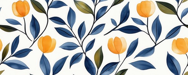Fototapeta premium A vibrant floral pattern featuring yellow flowers and blue-green leaves on a white background.