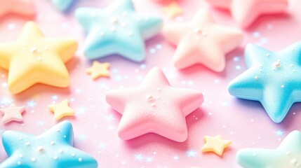 Star shaped candies lying on pink background with glitter