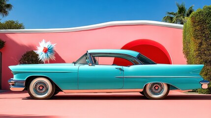 Turquoise classic car from the 1950s posing in studio