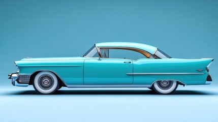 Turquoise classic car from the 1950s posing in studio
