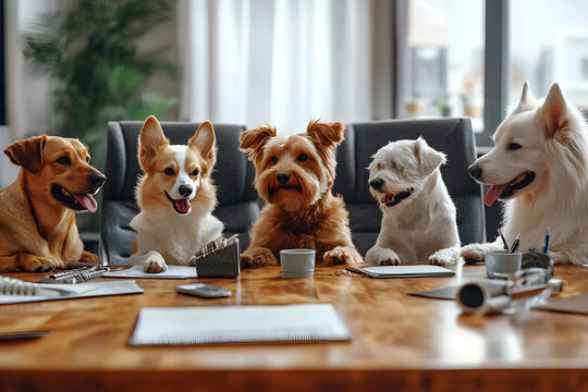 Funny dogs with teamwork meeting. Business dogs in office workplace.