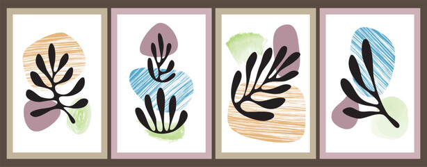 Contemporary Matisse inspired poster set. Abstract organic shapes, creative art, hand drawn collage set.
