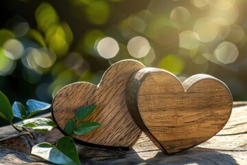 Handmade Wooden Hearts in Nature with Soft Sunlight Creating Romantic Outdoor Decor






