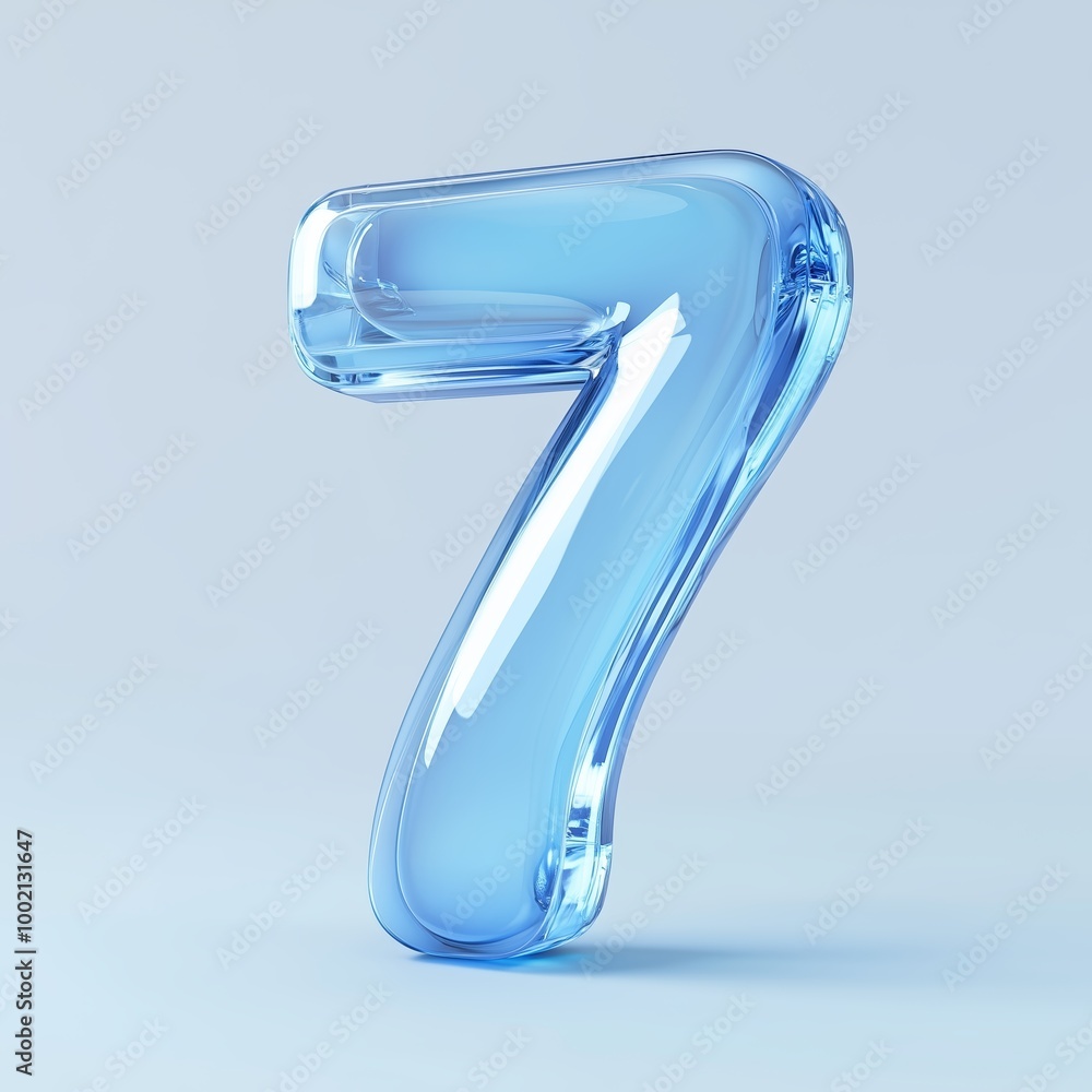 Poster stylized translucent number seven in blue on a light background with a glossy finish, ideal for desi