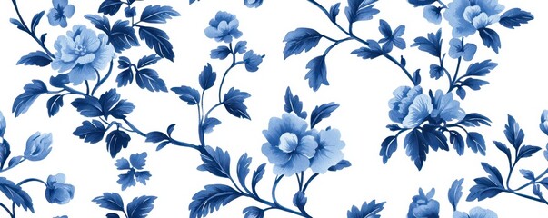 A floral pattern featuring blue flowers and green leaves on a white background, creating a classic, elegant design.