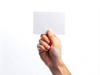 Fototapeta premium Blank Paper Card in Hand for Postcard Mockup Isolated on White Background for Design Purposes