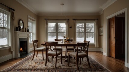A cozy dining room with a fireplace, a wooden table and chairs, a rug, and a window with a view of a snowy landscape.