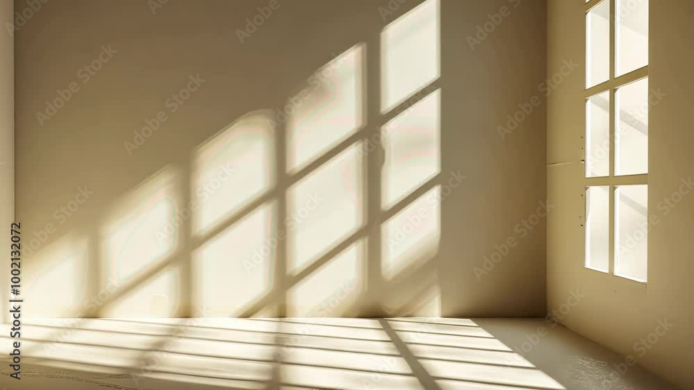 Poster sunlight streams through a window in an empty room, casting rectangular shadows on the walls and flo