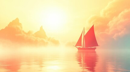 Fototapeta premium Sailboat sailing at sunset reflecting in calm ocean water