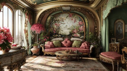 Obraz premium Living room with intricate floral motifs, curved lines, and elegant furniture.