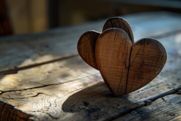 Fototapeta premium Two wooden hearts on a rustic table with sunlight creating a gentle glow, highlighting the wood grain