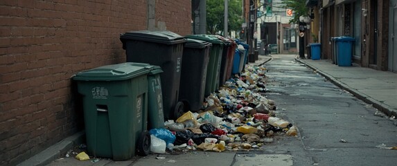 Urban Alleyway: Overflowing trash cans and scattered refuse line a narrow city alley, creating a stark visual of urban waste management challenges.