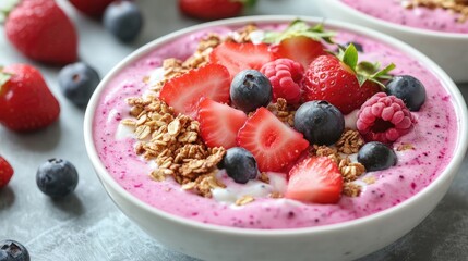 A dragon fruit smoothie bowl topped with granola and fresh berries, beautifully arranged for a healthy breakfast option, perfect for social media sharing.