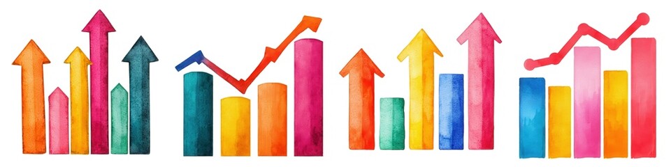 Colorful watercolor graph and chart illustrations depicting growth and success on a white background.
