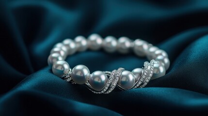 Fototapeta premium An elegant pearl bracelet adorned with sparkling silver accents resting on a soft, rich fabric backdrop.