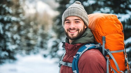 Fototapeta premium Young man smiling wearing backpack hiking in snowy mountains