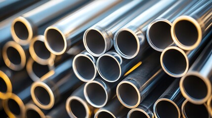 Stack of stainless steel pipes background , metallurgical industry backdrop concept 